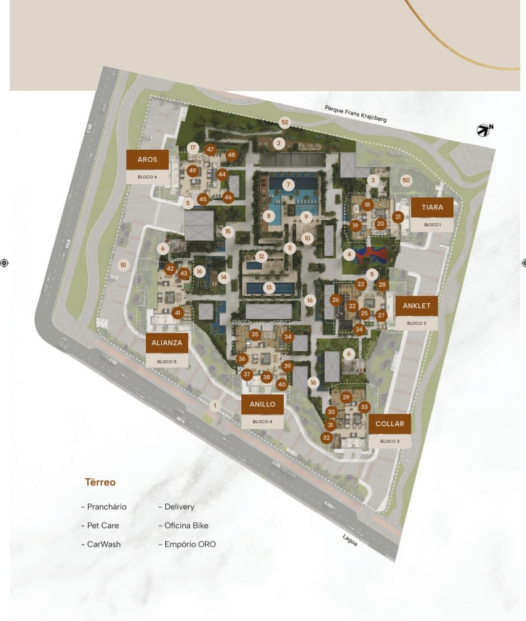 Masterplan do Oro by Ornare com os 52 itens de lazer numerados
