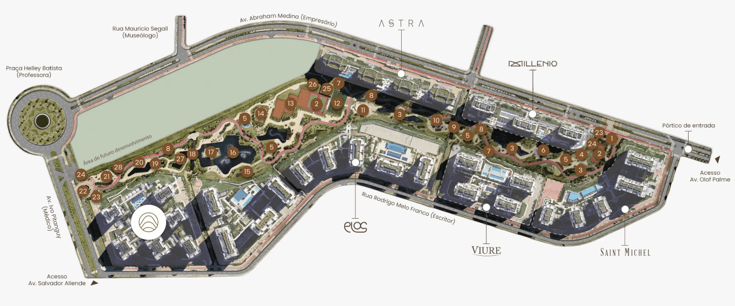 Masterplan do Parque Ilha Pura com os 28 itens de lazer numerados