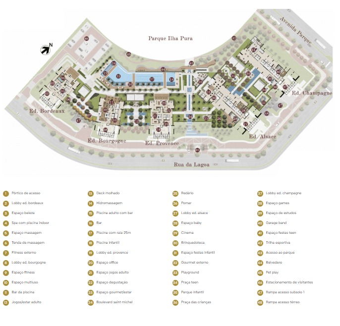 Masterplan do SAINT MICHEL com os 48 itens de lazer numerados